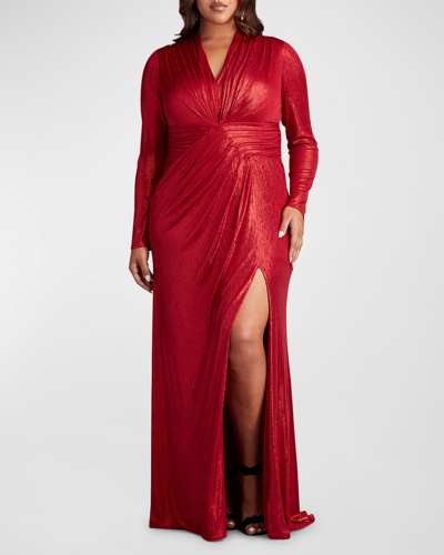 Shop Tadashi Shoji Plus Size Ruched Side-slit Metallic Jersey Gown In Deep Red