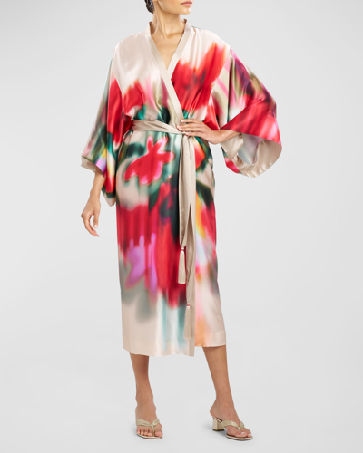 Shop Josie Natori Melisande Printed Kimono-sleeve Silk Robe In Parchment Mult