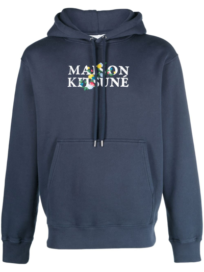 Shop Maison Kitsuné Logo-print Cotton Hoodie In 蓝色
