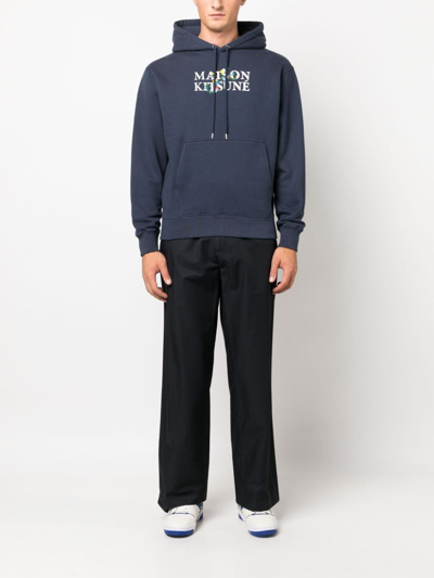 Shop Maison Kitsuné Logo-print Cotton Hoodie In 蓝色