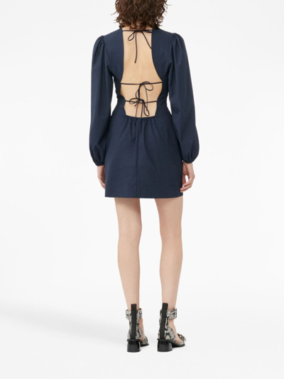 Ganni Long-sleeved Open-back Minidress In 蓝色