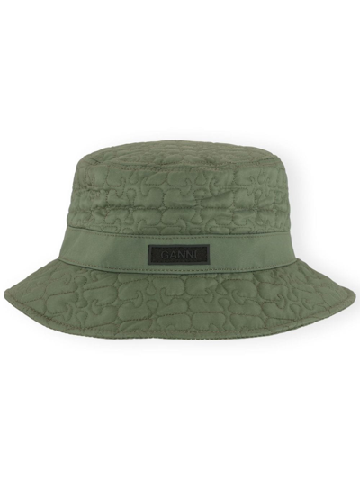 Shop Ganni Logo-patch Quilted Bucket Hat In Green