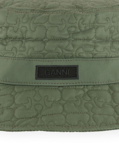 Ganni Logo-patch Quilted Bucket Hat In Green