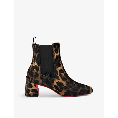 Shop Christian Louboutin Turelastic Leopard-print Suede Heeled Ankle Boots In Brown