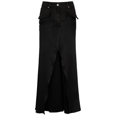 Shop Blumarine Denim And Satin Maxi Skirt In Black