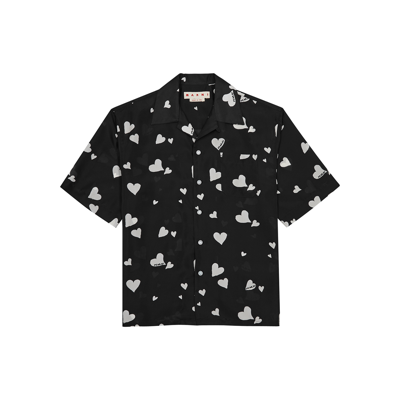 Shop Marni Heart-print Silk-satin Shirt In Black And White