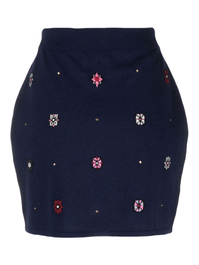 Shop Barrie Floral-motif Cashmere-cotton Straight Skirt In 245 Blue