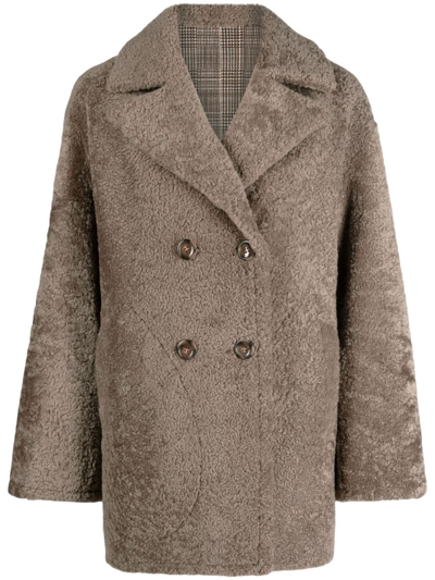 Shop Manzoni 24 Double-breasted Shearling Peacoat In Brown