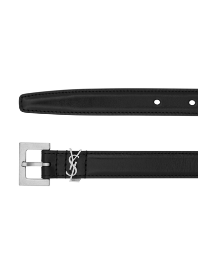 Shop Saint Laurent Cassandre Thin Leather Belt In Black