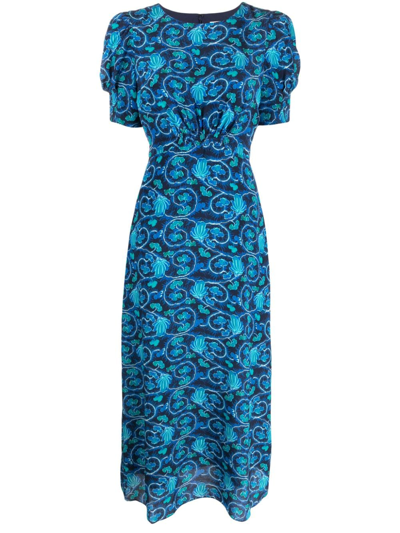 Shop Saloni Bianca Silk Midi Dress In Blue