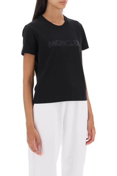Shop Moncler T-shirt With Rhinestone Logo In Black