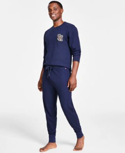 Shop Tommy Hilfiger Mens Classic Fit Waffle Knit Long Sleeve Pajama T Shirt Joggers In Dark Navy