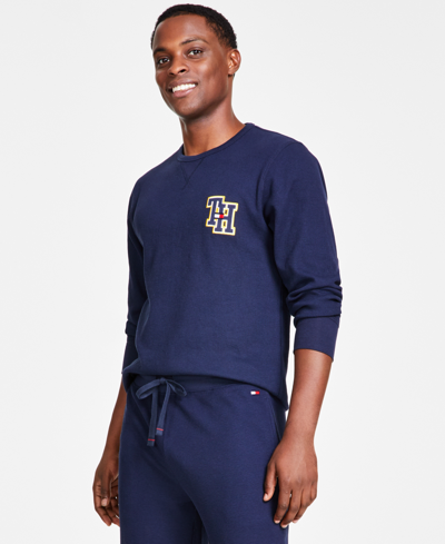 Shop Tommy Hilfiger Men's Classic-fit Waffle-knit Long-sleeve Pajama T-shirt In Dark Navy