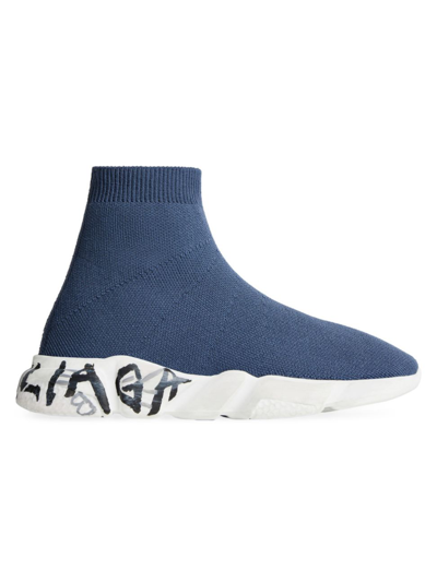 Shop Balenciaga Little Kid's & Kid's Speed Graffiti Recycled Knit Sneakers In Navy Blue