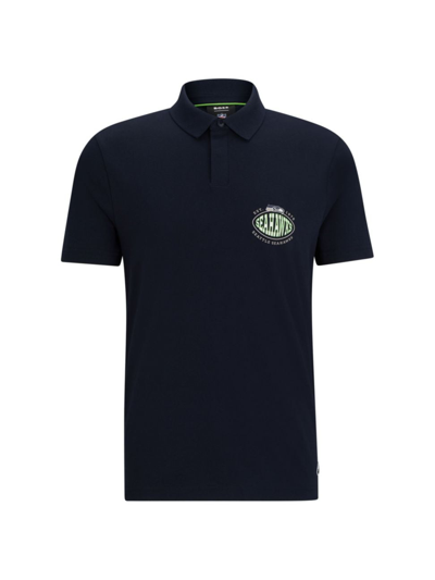Shop Hugo Boss Men's Boss X Nfl Cotton-piqué Polo Shirt With Collaborative Branding In Seahawks Dark Blue