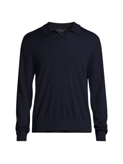 Shop Vince Men's Merino Long-sleeve Polo Shirt In Coastal Blue