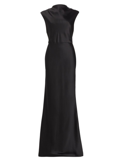 Shop Amsale Women's Satin High Cowlneck A-line Gown In Black