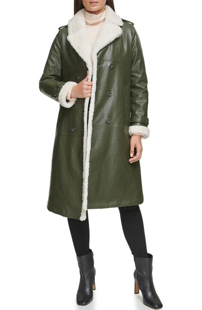 Kenneth Cole New York Faux Shearling & Faux Leather Trench Coat In Dark Olive