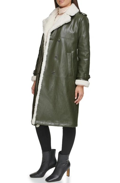 Kenneth Cole New York Faux Shearling & Faux Leather Trench Coat In Dark Olive