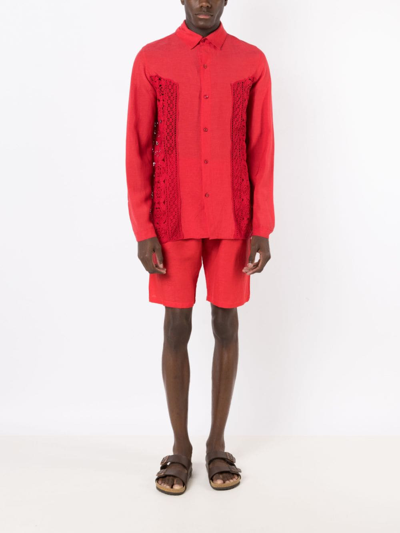 Shop Amir Slama Crochet-panel Long-sleeved Shirt In Red