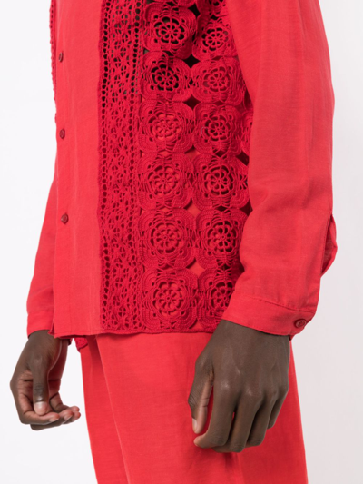 Shop Amir Slama Crochet-panel Long-sleeved Shirt In Red