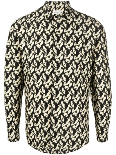 Saint Laurent Abstract-print Cotton Shirt In Noir Sable