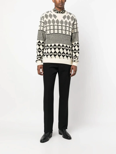 Shop Saint Laurent Men Jacquard Raglan Sleeve Sweater In Natural/noir