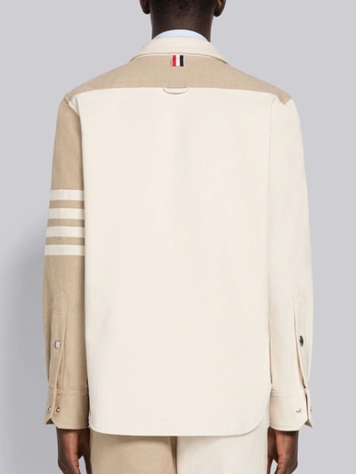 Shop Thom Browne Men Funmix 4 Bar Snap Front Shirt Jacket In Selvedge Denim In 250 Khaki