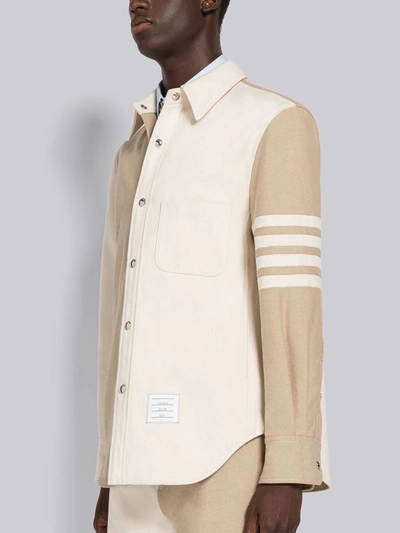 Shop Thom Browne Men Funmix 4 Bar Snap Front Shirt Jacket In Selvedge Denim In 250 Khaki