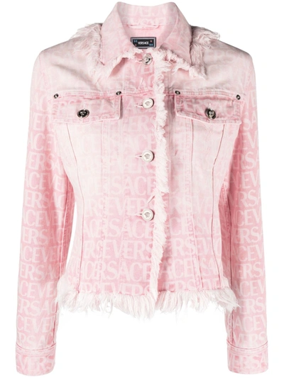 Shop Versace Women Denim Jacket With All Over Laser Logo And Frayed Details In 1d560 Flamingo Pink