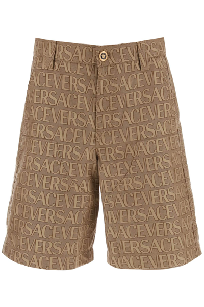 Versace Knee-length Shorts In All-over Pattern In Sand