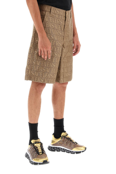 Versace Knee-length Shorts In All-over Pattern In Sand
