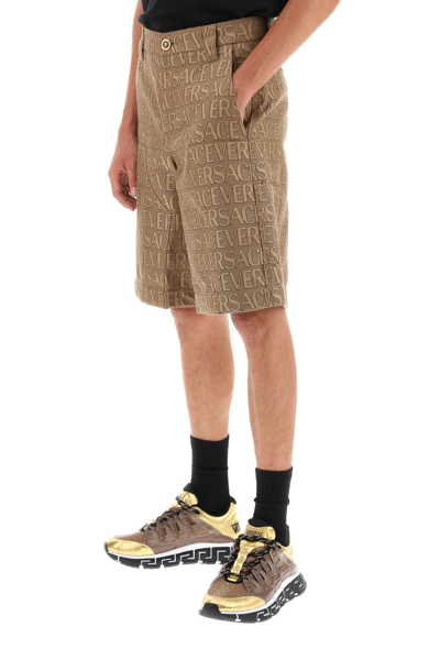 Versace Knee-length Shorts In All-over Pattern In Sand