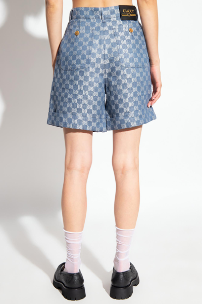 Shop Gucci Linen Shorts With Monogram In Blue