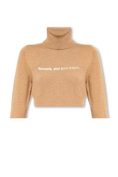 Shop Palm Angels Cropped Turtleneck Sweater In Cammello