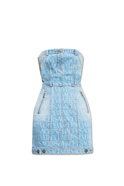 Shop Versace Denim Dress From La Vacanza Collection In Blu