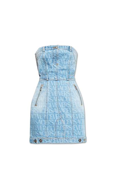Versace Denim Dress From La Vacanza Collection In Blu
