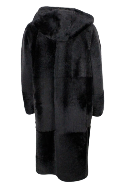 Shop Brunello Cucinelli Reversible Coat In Soft Shearling With Hood In Grey