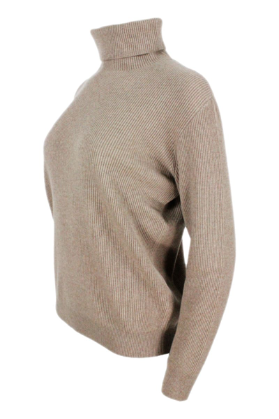 Shop Brunello Cucinelli High Neck Sweater In Soft And Pure Cashmere Half English Rib With Monili Detail On The Neck In The B In Tobacco