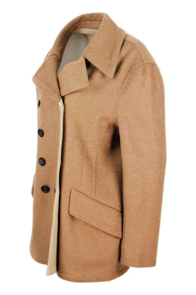 Shop Malo Three-quarter Coat In Wool And Cashmere With Double-breasted Buttoning And Contrasting Tailored Seam In Tobacco
