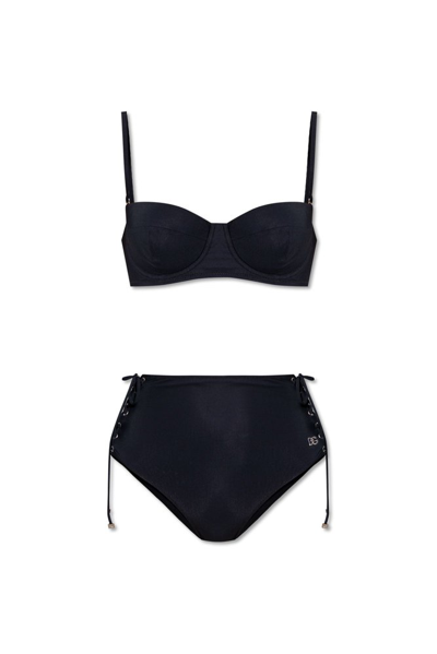 Shop Dolce & Gabbana Logo Plaque High Waist Bikini Set In Black