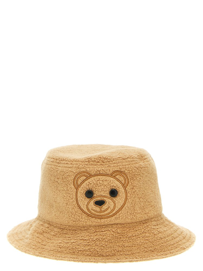Shop Moschino Teddy Logo Embroidered Bucket Hat In Beige