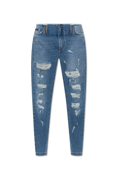 Shop Dolce & Gabbana Distressed Tapered Leg Jeans In Blue