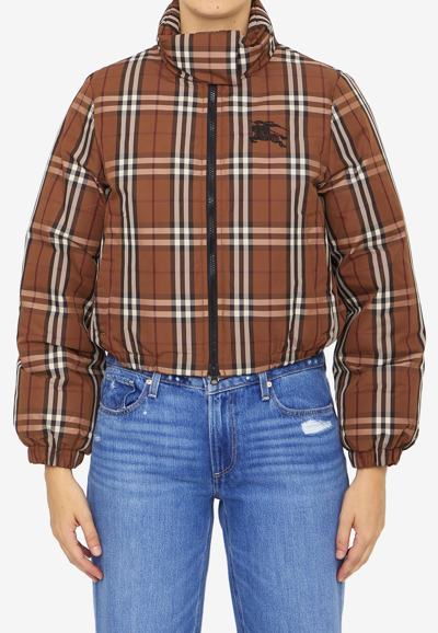 Shop Burberry Check Nylon Puffer Jacket In Brown