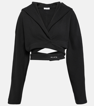 Shop Alaïa Cropped Cotton Jersey Hoodie In Black