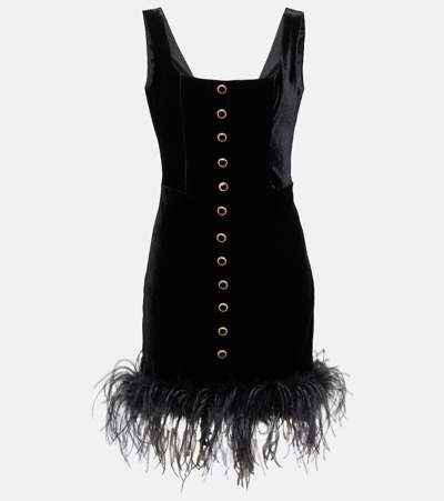 Shop Alessandra Rich Feather-trimmed Velvet Minidress In Black