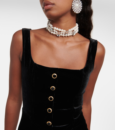Alessandra Rich Embellished Feather-trimmed Velvet Mini Dress In Black