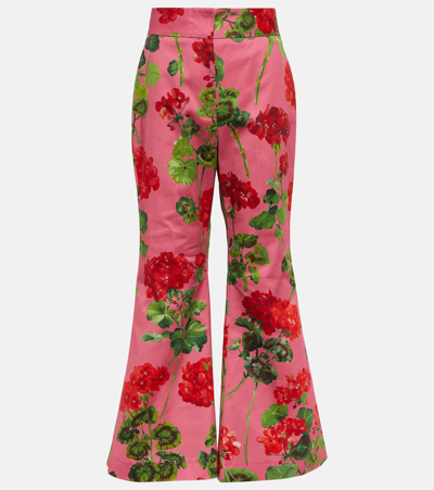 Shop Oscar De La Renta Floral High-rise Cotton-blend Flared Pants In Red