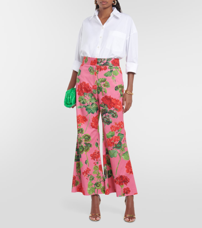 Shop Oscar De La Renta Floral High-rise Cotton-blend Flared Pants In Red