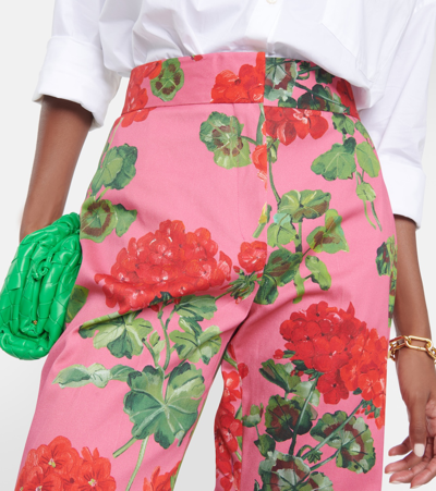 Shop Oscar De La Renta Floral High-rise Cotton-blend Flared Pants In Red